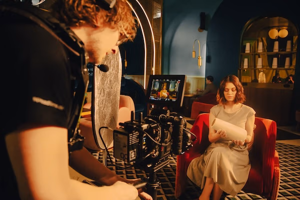 Spreadfilms Behind-the-Scenes Filmset in stylischer Lounge, Kameramann filmt sitzende Frau
