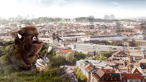 CGI Fellmonster fliegt über einer Stadtlandschaft – humorvolle Szene mit einem Monster - aus der Bauer-Ausbildung Produktion von Spreadfilms