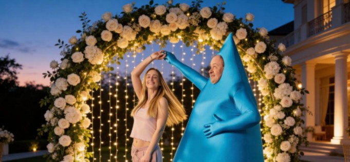 FLOWIAN tanzt mit einer Frau unter einem beleuchteten Blumenbogen bei einem Abend-Event