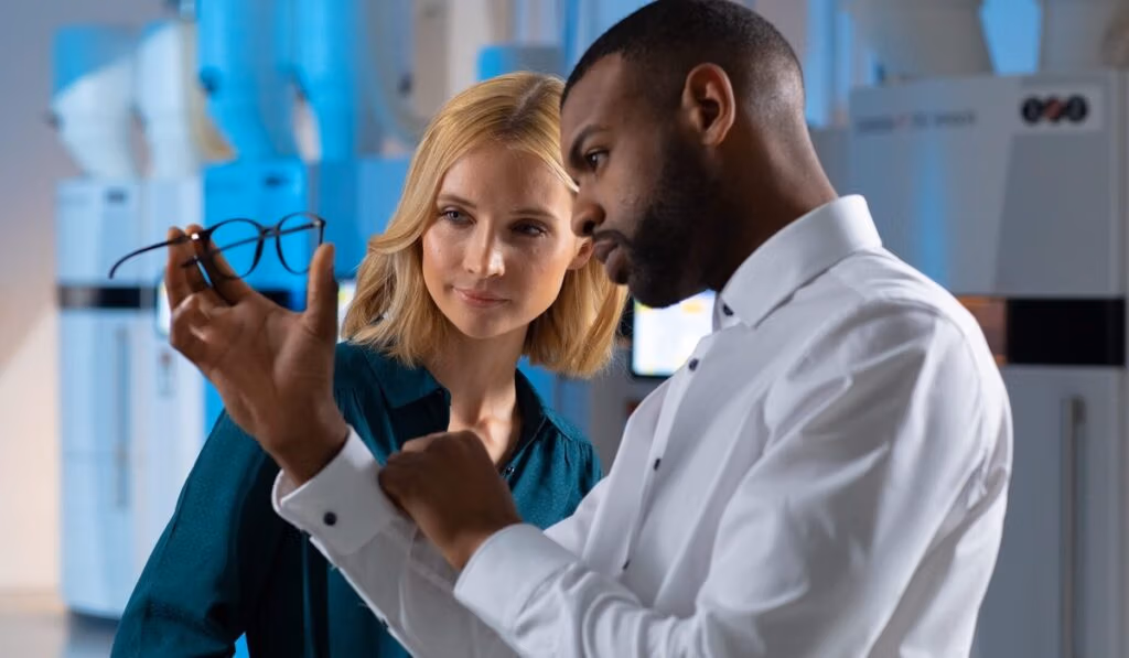 Zwei Fachkräfte analysieren ein 3D-gedrucktes Brillengestell im Labor